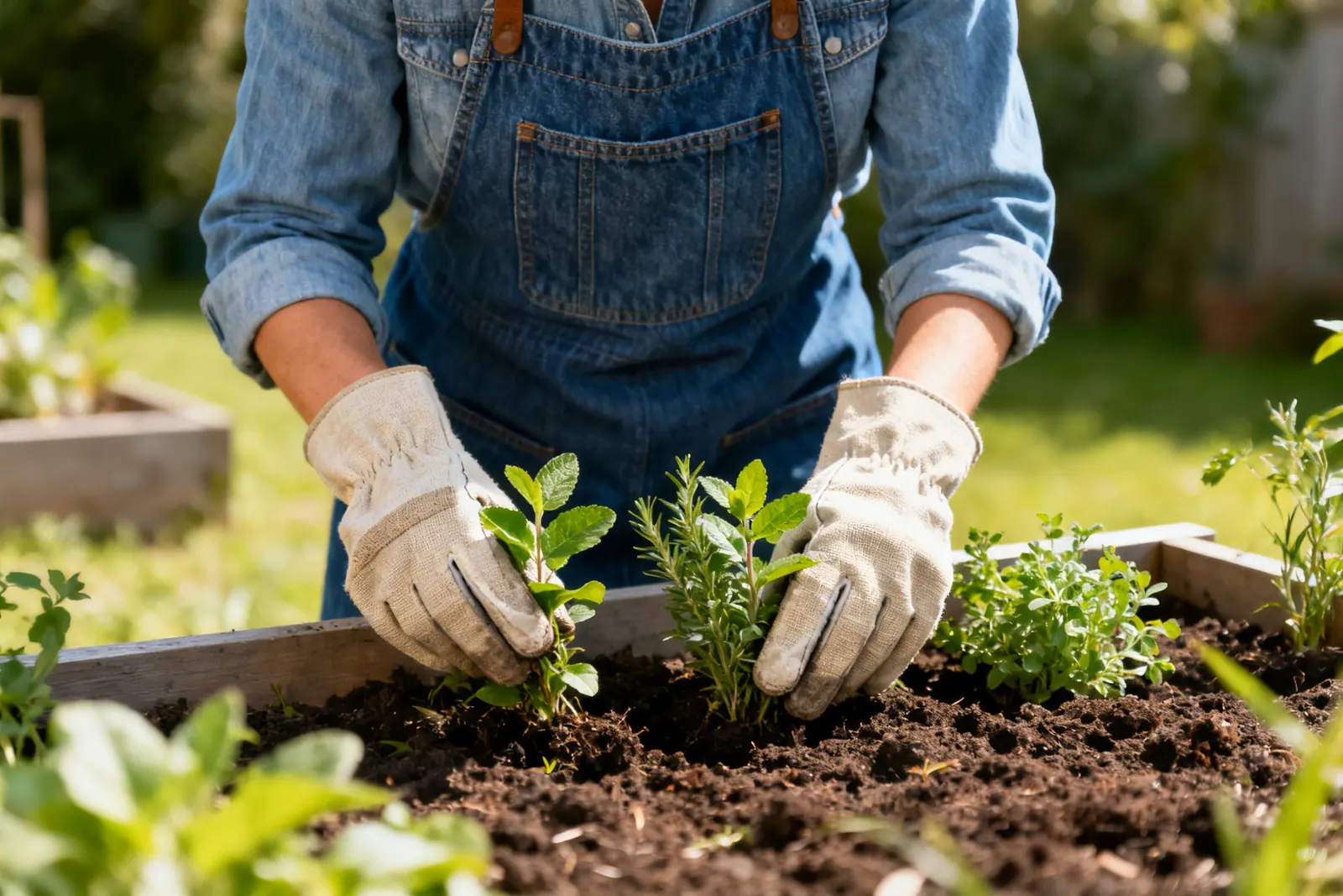 Gardener in a denim apron planting herbs into a raised bed