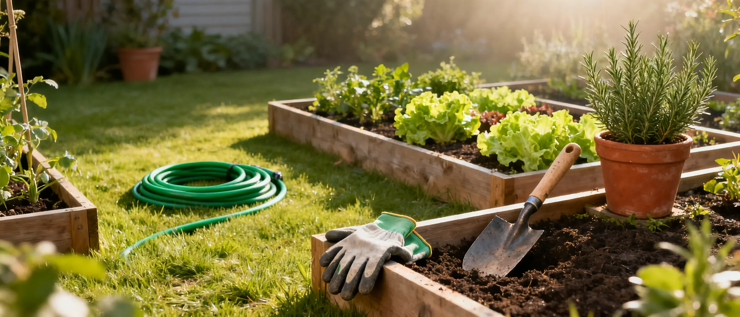 A back garden in morning light with raised vegetable beds, terracotta pots, a coiled hose and gardening gloves