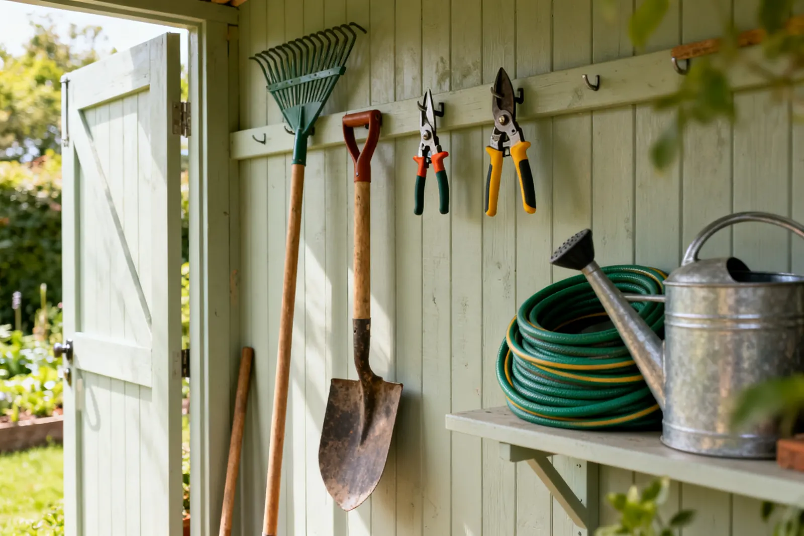 Garden tools hung in a row on a shed wall, with a coiled hose and watering cans